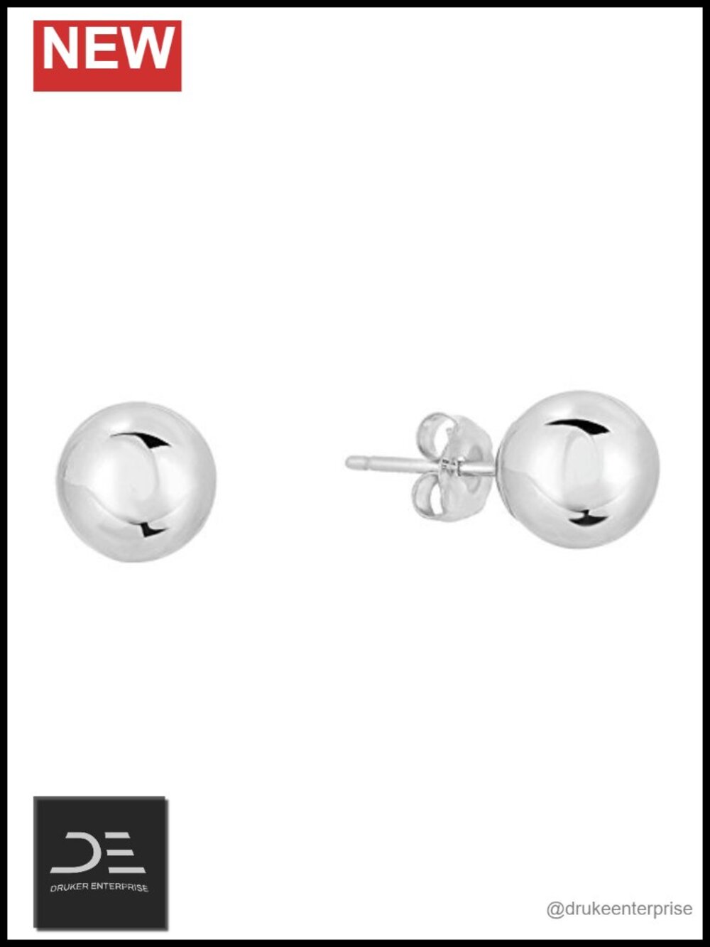 14k White Gold Ball Stud Earrings 6mm Push Back